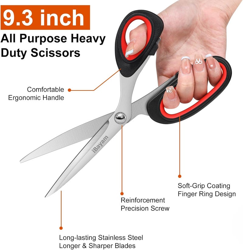 iBayam Scissors All Purpose, 9.3 Inch Scissors Heavy Duty Stainless Steel Shears for Home Household Cutting Fabric Leather, Sewing Shears, Paper Box Cutter, Package Opener, Hand Cutting Tools - Image 2